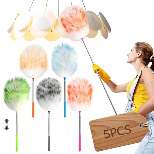 5PCS Extendable Lambswool Duster with 35-55 Inch Adjustable Aluminum Handle,Feather Duster Static Electricity Dust Adsorption, Reusable Cleaning Tool for Home, Car, Office, Ceiling, Furniture