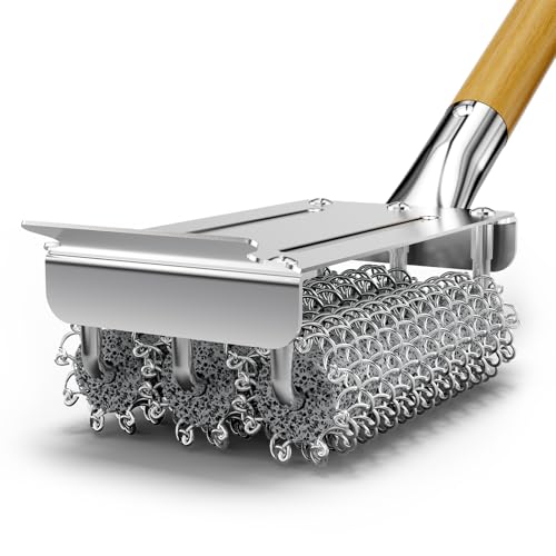 HOUSE AGAIN Grill Brush Bristle Free, Stainless Steel Food-Grade Brush Head with Scraper, Safe Steam BBQ Outdoor Grill Cleaning Brush Barbecue Grill Cleaner Non Wire for Grill Grate/Long Wood Handle - style: Natural Wood