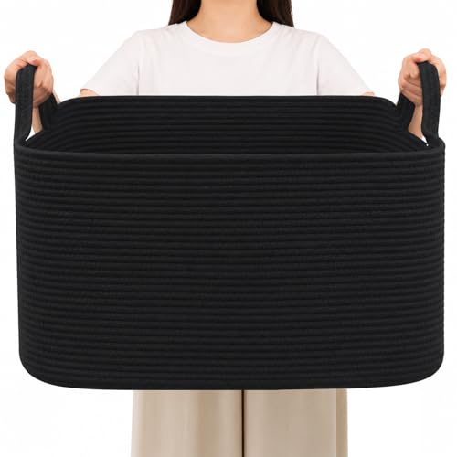 Large Blanket Basket,Woven Rope Basket Storage Bin with Handles,65L Rectangle Laundry Basket for Magazines,Toys,Clothes,Newspaper Shelf Organization,Nursery and Living Room,Black - color: Black, size: 21"x16"x12"(65L)