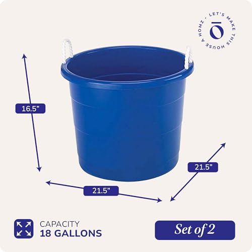 Homz 2 Pack of 17 Gallon Storage Buckets, Durable Plastic Containers, Sturdy Rope Handles, Large Tubs for Sports Equipment, Party Cooler, Gardening, Toys and Laundry, Blue - color: Cobalt Blue