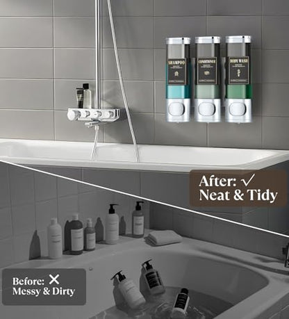 Luxspire Shampoo and Conditioner Dispenser, No Drill Wall Mounted Shower Soap Dispenser 3 Chamber with Waterproof Labels, Easy Refill Soap Dispenser for Bathroom Hotel Kitchen, Silver - color: Silver, size: 3 Chamber