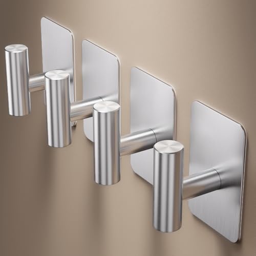Heavy Duty Adhesive Hooks - 26lb Max, Sticky Wall Hooks Waterproof Stainless Steel for Hanging Towel, Coat, Robe, Towel Hooks Stick on Bathroom, Kitchen, Shower, Door (Silver, 4 Pack) - color: Silver-Cylinder