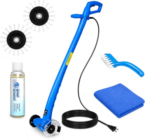 Grout Cleaner Bundle, Electric Stand Up Tile Grout Cleaner Machine with 20’ Cord, 3 Brush Wheels, 1 Cleaner, 1 Grout Hand Brush, 1 Microfiber Cloth - style: Large Bundle