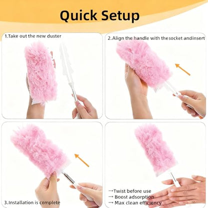 Heavy Duty Duster Refills, Disposable Dusters Kit for Cleaning Dusting Furniture Blind Ceiling Fan, Multi Surface 360 Feather Duster(10)+3FT Extended Handle（1） (Pink) - color: Pink