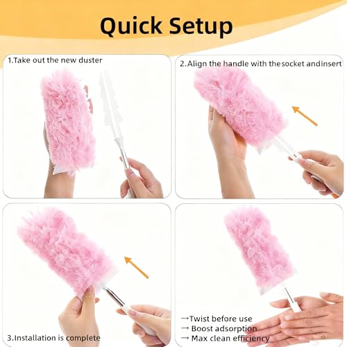 Heavy Duty Duster Refills, Disposable Dusters Kit for Cleaning Dusting Furniture Blind Ceiling Fan, Multi Surface 360 Feather Duster(10)+3FT Extended Handle（1） (Pink) - color: Pink