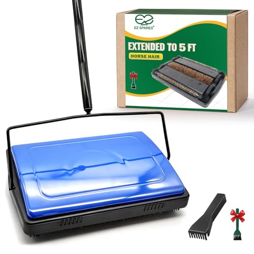 EZ SPARES Horsehair Carpet Sweeper Cleaner-5FT with Extension Pole for Any Height,Natural Water-Absorbent Horsehair Brush for Wet&Dry Spills, Soft on Carpet&Hardwood, Pet Hair Cleaner for Home(Blue) - color: Blue