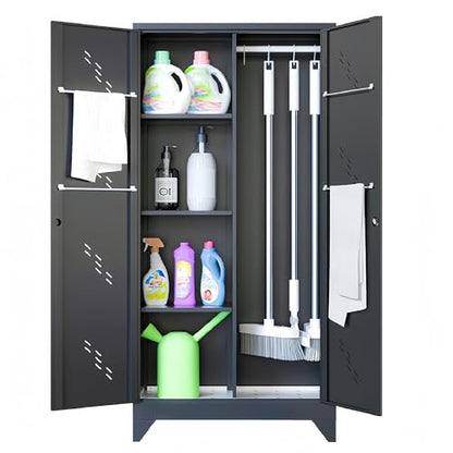 VASAAOSD 71" Broom Closet Cabinet with Hanging Rod, Tall Black Metal Storage Cabinet for Bathroom, Utility Room, and Garage - color: 71"h Black