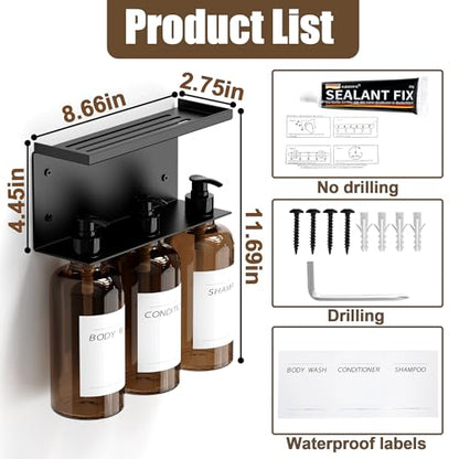 Shampoo and Conditioner Dispenser, Soap Dispenser Wall Mounted, 25.36 fl oz Set of 3 Amber Plastic Bottles Black Pump, Shower Soap Bottles Refillable with Labels for Bathroom