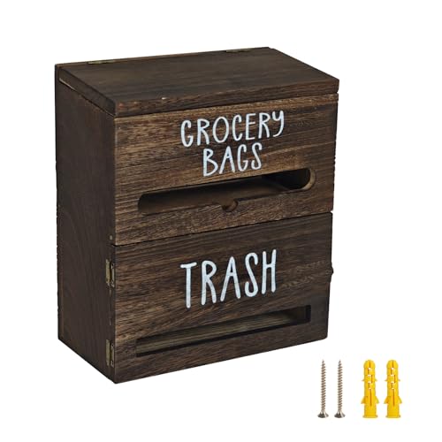 2 in 1 Trash Bag Dispenser, Double Wall Mounted,Wood Trash Bag Holder, used in kitchen, garage, laundry room, can store Environmentally friendly food bags and garbage bags(Dark Wood - color: Dark Wood/Large(10inch*5.5inch*12.2inch)