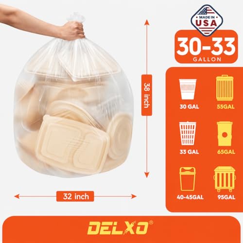 DELXO 30-33 Gallon Trash Bags, 250 Count Light to Medium Large Clear Garbage Bags, Thick Durable and Puncture-Resistant Plastic Bags for Kitchens, Yards & Offices, Made in USA - color: 33Gal-250Ct(Clear)