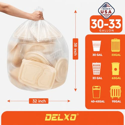 DELXO 30-33 Gallon Trash Bags, 250 Count Light to Medium Large Clear Garbage Bags, Thick Durable and Puncture-Resistant Plastic Bags for Kitchens, Yards & Offices, Made in USA - color: 33Gal-250Ct(Clear)