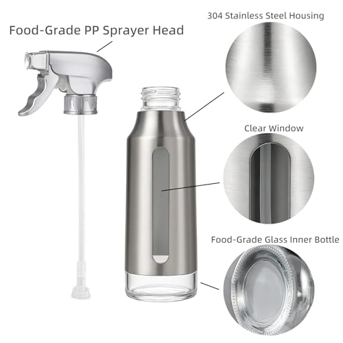 Oil Sprayer for Cooking 180ml, Olive Oil Mister with Fine Mist Trigger, Stainless Steel Refillable Glass Dispenser Bottle 6.35oz for Air Fryer BBQ Salad & Baking (Silver Gray+Stainless Steel) - color: Silver Gray+Stainless Steel
