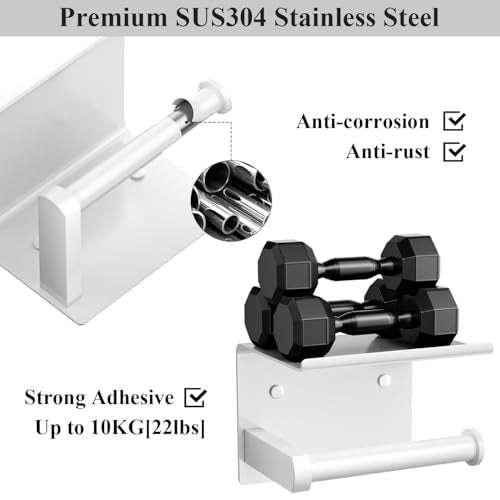 Tindbea Toilet Paper Holder with Phone Shelf, Adhesive or Screw Wall Mount Toilet Tissue Roll Holder, Rustproof & Multifunctional Stainless Steel Bathroom Storage Dispenser (White) - color: F-white