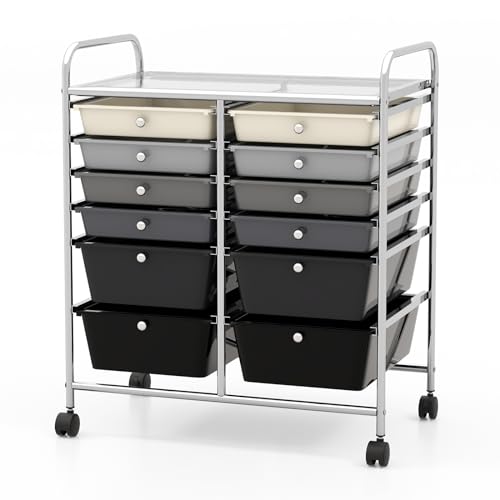 COSTWAY 12-Drawer Rolling Storage Cart, Moveable Art Craft Organizer W/Lockable Wheels, Metal Shelf, Files Arrangement Tools Makeup Storage Cart for Office, Home, School, Mixed Black - color: Mixed Black, size: 12 Drawer