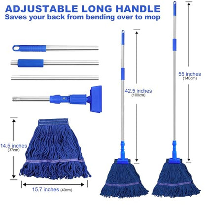 NEWE Commercial Mop for Floor Cleaning, Heavy Duty Industrial Mops with 55 inches Long Handle, Looped-End Wet Dry String Mop for Hardwood Tile Concrete Home Kitchen Office Garage (Blue)