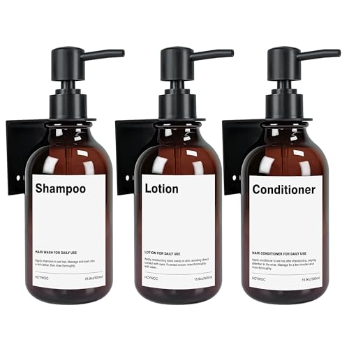 Shampoo Dispenser for Shower Wall, Shampoo and Conditioner Dispenser with 16 Waterproof Labels, Shower Dispenser 3 Chamber No Drill, Shower Soap Dispenser Wall Mounted for Bathroom, 17oz, Amber - color: 2-amber Bottle + Black Pump