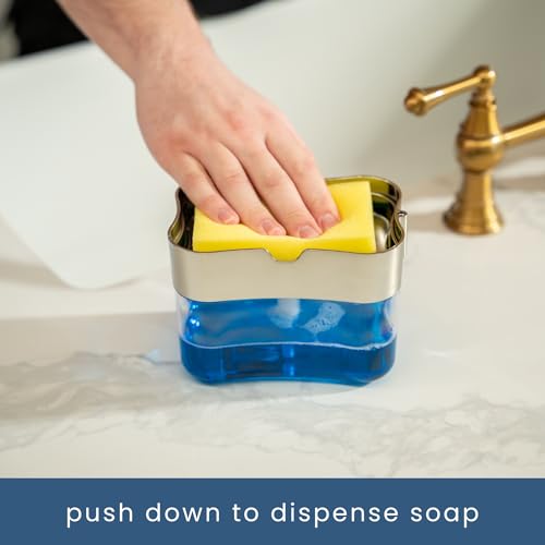 S&T INC. Dish Soap Dispenser and Sponge Holder for Kitchen Sink, Sponge Included, 13 Ounces, Metallic Silver - color: Metallic Grey