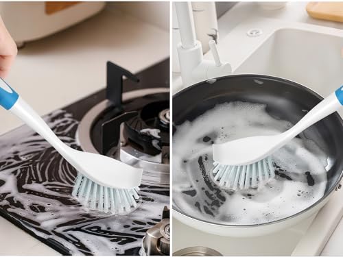 Dish Brush with Handle, Firm & Stiff Bristles Dish Scrubber for Pots, Pans & Sink Cleaning, 2 Pack - color: Yellow & Blue 2 Pack