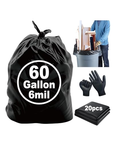 6 Mil Heavy Duty Contractor Trash Bags - 20 Pack Large Clear Construction Garbage Bags for 50/55/60 Gallon (Extra Thick, Tear Resistant) (32" X 52") (Black-6 Mil) - color: Black-6 Mil