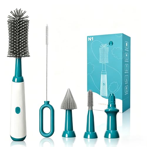 Electric Bottle Brush Set, 6-in-1 Electric Cleaning Brush with Waterproof Silicone Cleaner, 3 Replaceable Brush Heads, Straw Brush & Extension Rod, for Baby Feeding Supplies and Kitchen Utensils - color: Malachite Green