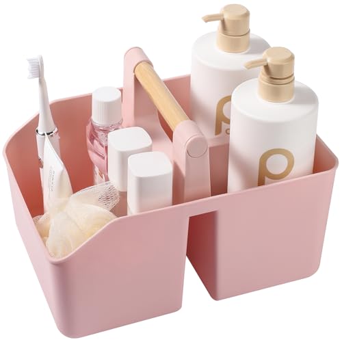 rejomiik Portable Shower Caddy Basket with Bamboo Handle, Plastic Cleaning Caddy Bathroom Organizer Tote for College Dorm Essentials, Bath Toy Storage, Pink - color: Pink