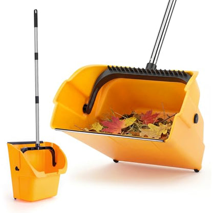Jumbo Commercial Dustpan with Wheels & Comb Teeth - Heavy Duty 14.2" Rolling Debris Pan - Long Handle Extra Large Upright Dust Pan for Industrial Warehouse Garage Restaurant Sidewalk Outdoor - Yellow - color: Yellow