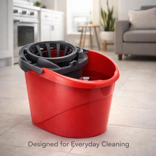 Mop Bucket with Wringer 2.5 Gallon, Compact Cleaning Bucket with Built-in Wringer, Easy Carry Handle for Floor Cleaning Home Kitchen Bathroom Use, Red