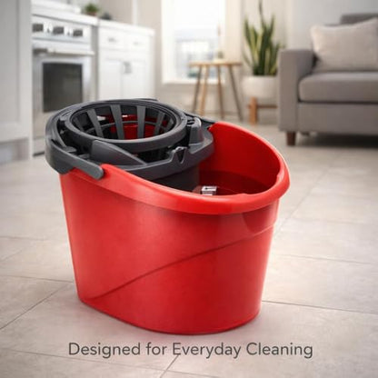 Mop Bucket with Wringer 2.5 Gallon, Compact Cleaning Bucket with Built-in Wringer, Easy Carry Handle for Floor Cleaning Home Kitchen Bathroom Use, Red