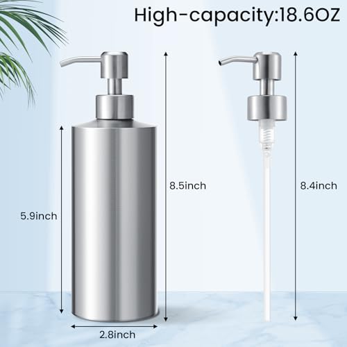 Teenyyou 2 Pcs 18.6 Oz/550 ml Large Stainless Steel Soap Dispenser Countertop Liquid Hand Soap Pump Bottle Rust Proof Metal Dispenser for Countertop Bathroom Kitchen Hand Dish Lotion(Round) - size: 18.6 oz, style: Round