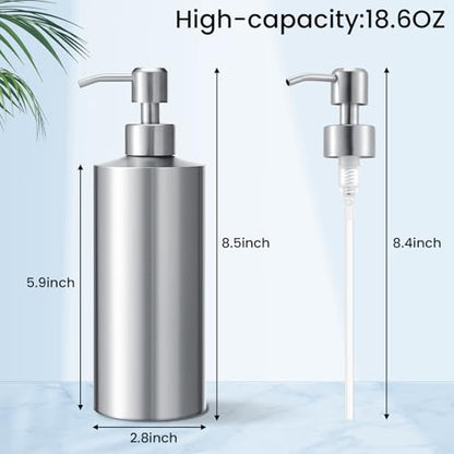 Teenyyou 2 Pcs 18.6 Oz/550 ml Large Stainless Steel Soap Dispenser Countertop Liquid Hand Soap Pump Bottle Rust Proof Metal Dispenser for Countertop Bathroom Kitchen Hand Dish Lotion(Round) - size: 18.6 oz, style: Round