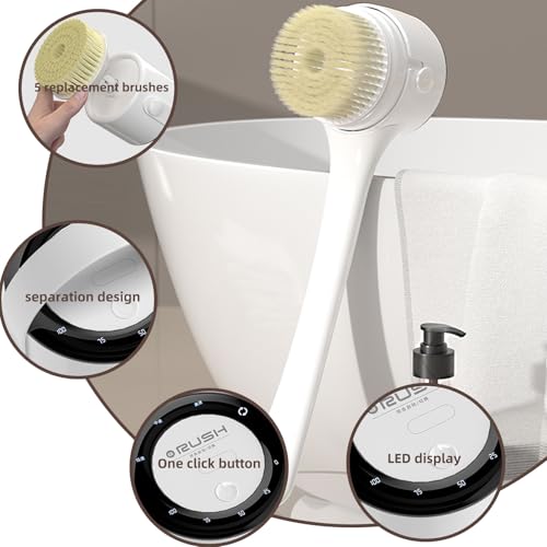 Electric Body Brush, 3 Speed Silicone Body Scrubber with LCD Display, 5in1 Back Scrubber for Shower, Waterproof Rotating Body Brushes, Rechargeable Bath Brush for Clean Exfoliate Massage (White) - color: White