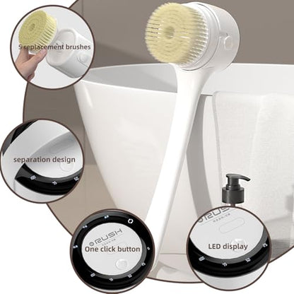 Electric Body Brush, 3 Speed Silicone Body Scrubber with LCD Display, 5in1 Back Scrubber for Shower, Waterproof Rotating Body Brushes, Rechargeable Bath Brush for Clean Exfoliate Massage (White) - color: White
