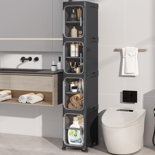 4 Tier Slim Bathroom Storage Cabinet, Foldable and Movable, Black | Tools Free, ABS and PET, Magnetic Clear Door, Adjustable Shelves, Lockable Wheels, Water Resistant, For Narrow Space - color: Black, size: 4 Tiers