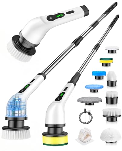 Electric Spin Scrubber, Cordless Power Cleaning Brush with 9 Replaceable Brush Heads, Bathroom Scrubber with Extension Arm, 2-Speed Motorized Tile Floor Scrubber for Tub, Sink, Wheel, White-ra1 - size: 9heads