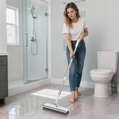 Floor Scrub Brush with 55" Long Handle, 2-in-1 Floor Brush with Built-in Squeegee, Adjustable Angle Head and Stiff Bristles for Tile, Wood, Concrete & Textured Floor Cleaning