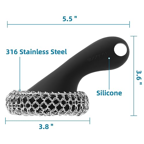 SUBEKYU Cast Iron Scrubber with Silicone Handle, Stainless Steel Chainmail Scrubber for Cast Iron Pans, Black - color: Black