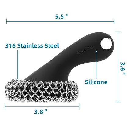 SUBEKYU Cast Iron Scrubber with Silicone Handle, Stainless Steel Chainmail Scrubber for Cast Iron Pans, Black - color: Black