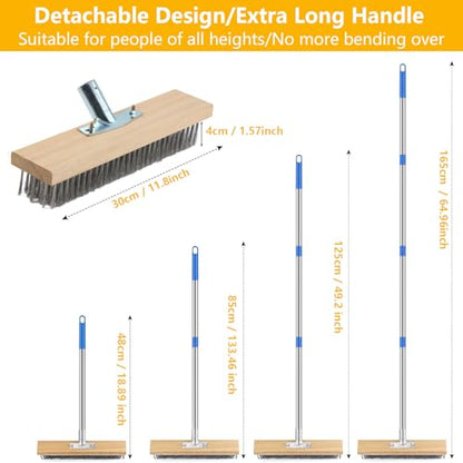 Stainless Steel Deck Brushes for Scrubbing Heavy Duty, 65" Deck Scrub Brush with Long Handle - Concrete Scrub Brush Stiff Metal Bristle Concrete Brush for Cleaning Moss Patio Garage Garden Pool Floor