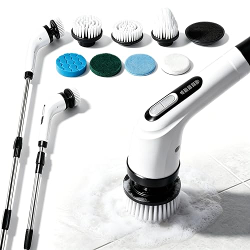 Highyes Electric Spin Scrubber for Bathroom | IPX7 Waterproof Shower Scrubber with Extendable Long Handle，Bathroom Cleaning Scrubber with 7 Reusable Brush Heads