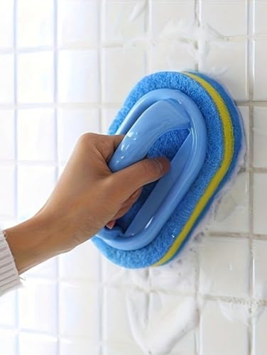 Ergonomic Long Handle Sponge Brush Set Durable Scouring 3 Pack Pad Shower Scrubber for Bathroom Bathtub Tile Grout Kitchen Sink Pot Cleaning Tool Non Scratch Heavy Duty Wand (Blue) - color: Blue