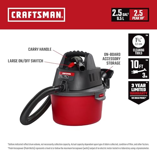 CRAFTSMAN CMXEVBE17250 2.5 Gallon 2.5 Peak HP Wet Dry Shop Vacuum