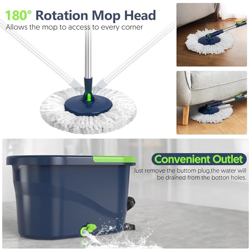Spin Mop and Bucket with Wringer Set, 360° Rotating Microfiber Mop, Adjustable Handle, Hands-Free Wringing, Reusable Mop Heads (Green mop and Bucket + 3 mop Head) - color: Green Mop and Bucket + 3 Mop Head