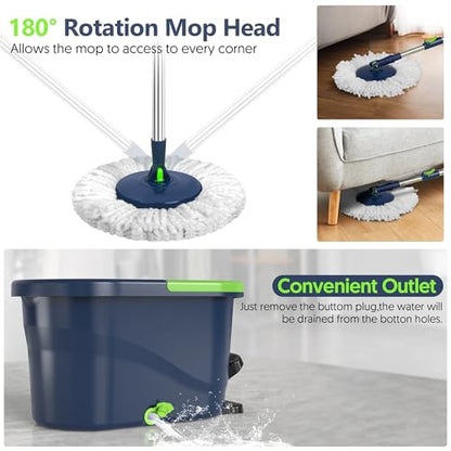 Spin Mop and Bucket with Wringer Set, 360° Rotating Microfiber Mop, Adjustable Handle, Hands-Free Wringing, Reusable Mop Heads (Green mop and Bucket + 3 mop Head) - color: Green Mop and Bucket + 3 Mop Head
