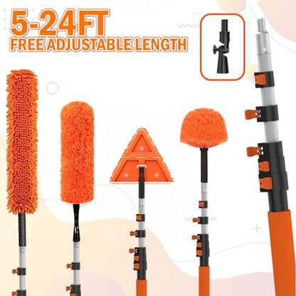 LAANPOLE 30FT Reach Dusters for Cleaning, Ceiling Fan Cleaner Duster with Extension Pole, Wall and Baseboard Cleaner Mop with Handle for Window Cobweb Fan Blade and High Ceiling - size: 24FT