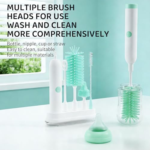 Rechargeable Electric Bottle Brush with Stand - 360° Spin Silicone Cleaner for Baby Bottles, Breast Pumps & Small Household Containers (Light Green) - color: Light Green