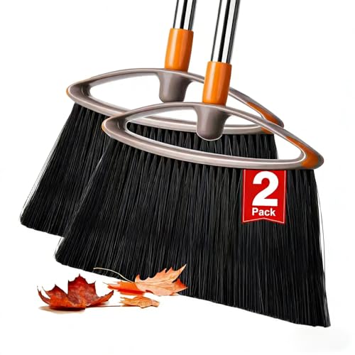 2 Pack Stiff Bristle Broom for Sweeping Indoor, Heavy Duty Broom with Collapsible Handle, Ideal for Indoor Outdoor Hardwood Floors Kitchen Salon Camping Cat Pets Hair Home Room Office, Gray - size: Unflagged Bristle-2 Pack