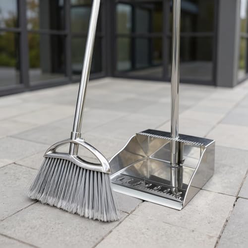Stand Up Metal Dustpan & Stiff Bristle Broom Set–Heavy Duty for Yard, Patio | No-bend stand up design / Heavy duty metal dustpan with teeth / 4-layer stiff Bristle broom / For outdoor floor sweeping