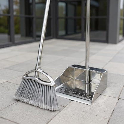 Stand Up Metal Dustpan & Stiff Bristle Broom Set–Heavy Duty for Yard, Patio | No-bend stand up design / Heavy duty metal dustpan with teeth / 4-layer stiff Bristle broom / For outdoor floor sweeping
