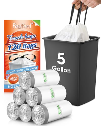 5 Gallon 120 Counts Strong Drawstring Trash Bags Garbage Bags by RayPard, Small Plastic Trash Bags fit 18-20L Trash Can for Home Office Kitchen Bathroom Bedroom, White Waste Basket Liners - style: 120-5 Gallon-White