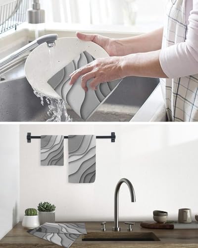 Abstract Geometric Art Hand Towels Set,Waffle Weave Kitchen Towels 2 Pieces,Hair Face Bath Tea Towel Absorbent Quick Drying Cleaning Dish Cloths,Modern Ombre Grey White Ocean Seawaves 15.7"x23.6" - color: Black, size: 2PCS,15.7"x23.6"